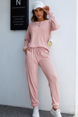Andeip Womens Pajama Set Waffle Knit Lounge Set 2 Piece Long Sleeve Top and Pants Loungewear Pj Sets in Kuwait