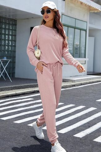 Andeip Womens Pajama Set Waffle Knit Lounge Set 2 Piece Long Sleeve Top and Pants Loungewear Pj Sets in Kuwait