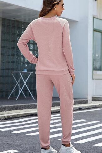 Andeip Womens Pajama Set Waffle Knit Lounge Set 2 Piece Long Sleeve Top and Pants Loungewear Pj Sets in Kuwait