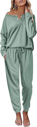 Andeip Womens Pajama Set Waffle Knit Lounge Set 2 Piece Long Sleeve Top and Pants Loungewear Pj Sets in Kuwait
