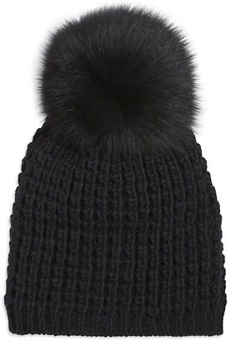 KYI KYI Classic, Women's Winter Black Knit, Fox Fur Pom Beanie/Toque Hat, Fleece Lined, One Size in Saudi Arabia
