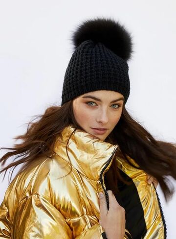 KYI KYI Classic, Women's Winter Black Knit, Fox Fur Pom Beanie/Toque Hat, Fleece Lined, One Size in Saudi Arabia