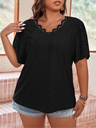 تي شيرت حريمي مقاس كبير بياقة على شكل V وبلوزات من الدانتيل وأكمام جرس صيفية كاجوال فضفاضة مجوفة من الكروشيه in Kuwait