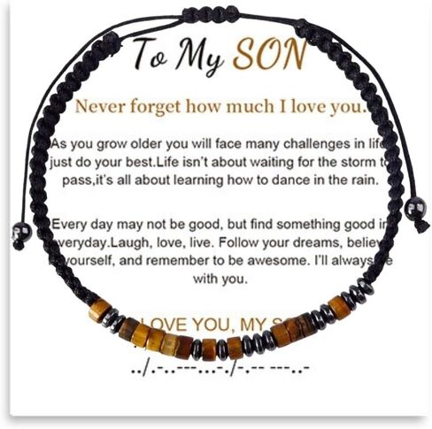 To My Son/Grandson Bracelet, Morse Code Bracelets with Warm Message Card I Love You for Men Boy Women Girl Daughter, Adjustable Obsidian Braided Inspirational Love Bracelets, Meaningful Gifts in Saudi Arabia