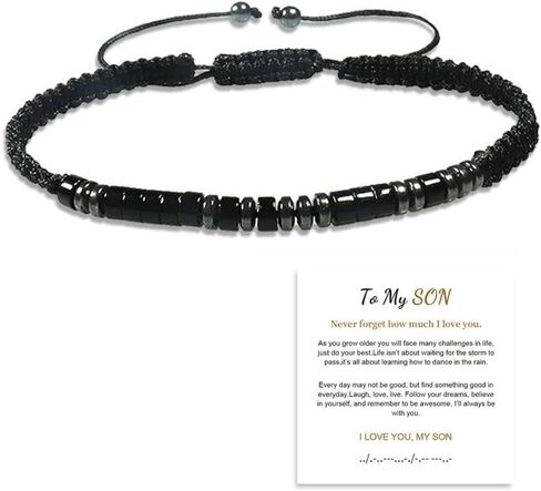 To My Son/Grandson Bracelet, Morse Code Bracelets with Warm Message Card I Love You for Men Boy Women Girl Daughter, Adjustable Obsidian Braided Inspirational Love Bracelets, Meaningful Gifts in Saudi Arabia