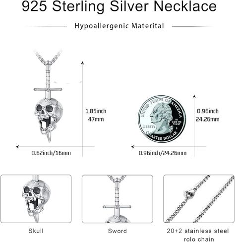 قلادة بتصميم جمجمة من الفضة الاسترليني عيار 925 للرجال والنساء من تووانتس، قلادة بدلاية على شكل سيف وهيكل عظمي وبانك قوطي للهالوين، بدون احجار كريمة in Kuwait