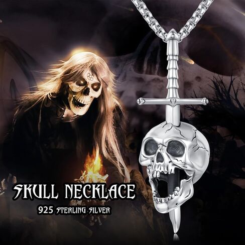 قلادة بتصميم جمجمة من الفضة الاسترليني عيار 925 للرجال والنساء من تووانتس، قلادة بدلاية على شكل سيف وهيكل عظمي وبانك قوطي للهالوين، بدون احجار كريمة in Kuwait