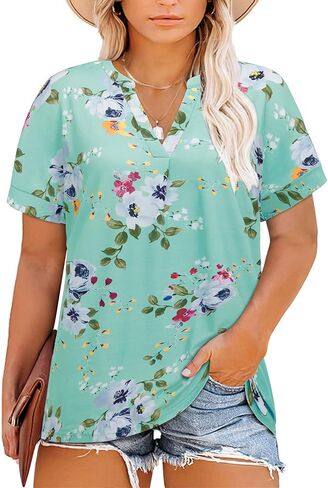 بلوزات نسائية صيفية بمقاسات كبيرة من Bulotus ورقبة على شكل V وأكمام قصيرة كاجوال وفضفاضة مقاس L-4XL in Kuwait