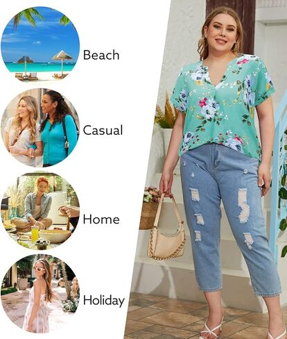 بلوزات نسائية صيفية بمقاسات كبيرة من Bulotus ورقبة على شكل V وأكمام قصيرة كاجوال وفضفاضة مقاس L-4XL in Kuwait