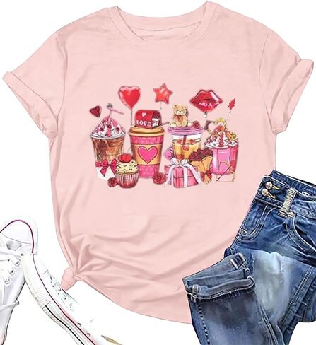 عيد الحب قميص المرأة لطيف الدب الحب القلب طباعة تي شيرت القهوة نمط قصيرة الأكمام عطلة عادية المحملة الأعلى in Kuwait