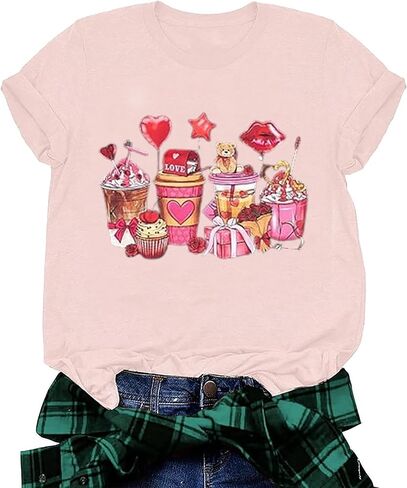 عيد الحب قميص المرأة لطيف الدب الحب القلب طباعة تي شيرت القهوة نمط قصيرة الأكمام عطلة عادية المحملة الأعلى in Kuwait