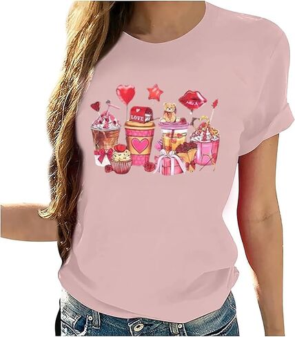 عيد الحب قميص المرأة لطيف الدب الحب القلب طباعة تي شيرت القهوة نمط قصيرة الأكمام عطلة عادية المحملة الأعلى in Kuwait