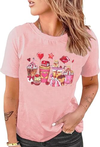 عيد الحب قميص المرأة لطيف الدب الحب القلب طباعة تي شيرت القهوة نمط قصيرة الأكمام عطلة عادية المحملة الأعلى in Kuwait