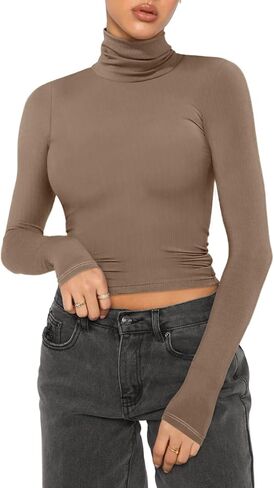 REORIA Women's Fall Turtleneck Long Sleeve Ribbed Slim Fitted Tshirts Trendy Basic Y2K Crop Top in Saudi Arabia