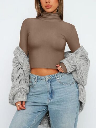 REORIA Women's Fall Turtleneck Long Sleeve Ribbed Slim Fitted Tshirts Trendy Basic Y2K Crop Top in Saudi Arabia