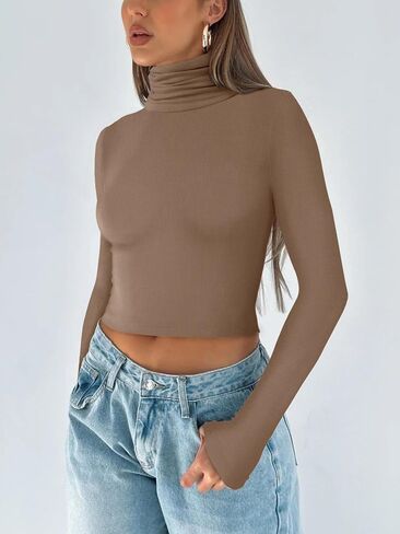 REORIA Women's Fall Turtleneck Long Sleeve Ribbed Slim Fitted Tshirts Trendy Basic Y2K Crop Top in Saudi Arabia
