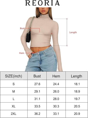 REORIA Women's Fall Turtleneck Long Sleeve Ribbed Slim Fitted Tshirts Trendy Basic Y2K Crop Top in Saudi Arabia
