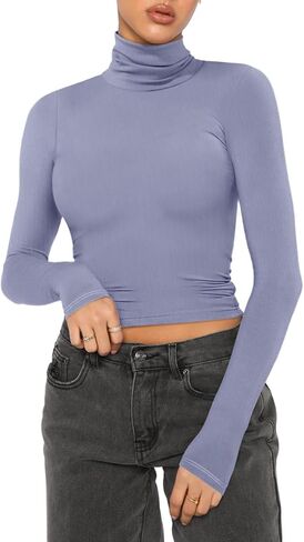 REORIA Women's Fall Turtleneck Long Sleeve Ribbed Slim Fitted Tshirts Trendy Basic Y2K Crop Top in Saudi Arabia