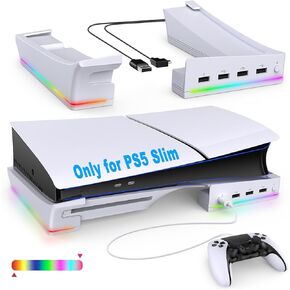 Horizontal Stand with RGB LED Light for New PS5 Slim Console,Stand Holder Accessories with 14 Light Modes and 4-Port USB Ports, Non-Slip Base for Playstation 5 Slim Disc&Digital Edition