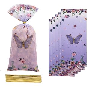 CSTYWC 50PCS Butterflies Cellophane Treat Bags Flowers Butterfly Printed Goodie Candy Favor Bags with 50 Twist Ties for Butterfly Girls Birthday Baby Shower Summer Themed Party Supplies