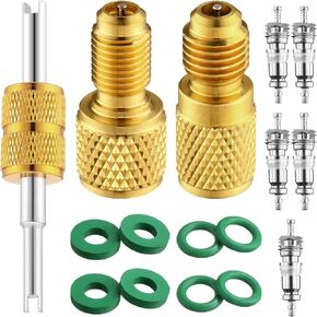15 Pcs R134a Refrigerant Tank Adapters 1/4" to 1/2" R134a 1/2" to 1/4" Brass Adapter Connector R134a Adapter with Valve Core Washer Gasket Valve Core Remover for Ac Refrigerant System