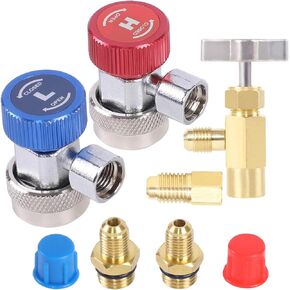 AC R134A Adjustable Quick Coupler Adapter and Refrigerant Can Tap Valve Tool Kit, Auto HVAC High Low Connectors with 1/4 inch Male Flare, Refrigerant Bottle Opener Dispenser with Tank Adapter