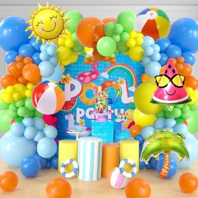 Summer Pool Beach Party Decoration, Splish Splash Birthday Bash Party Decorations Tropical Balloons Banner Cake Topper for Kids Swimming Water Luau Tropical Hawaii Party Decoration Supplies