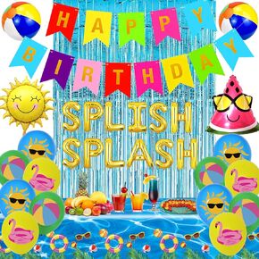 Summer Pool Beach Party Decoration, Splish Splash Birthday Bash Party Decorations Tropical Balloons Banner Cake Topper for Kids Swimming Water Luau Tropical Hawaii Party Decoration Supplies