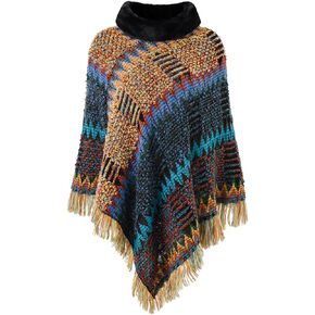 Ferand Women's Cozy Boho Turtleneck Poncho Sweater with Fringe Stylish Chevron Design for Winter