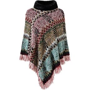 Ferand Women's Cozy Boho Turtleneck Poncho Sweater with Fringe Stylish Chevron Design for Winter in Kuwait