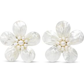 Aeravida Glimpse of White Mother of Pearl Flower Clip-On Earrings | Classic Handmade Jewelry for Women | Handmade Mother of Pearl Shell, Cultured Freshwater Pearl Earrings | Vintage Clip-On Earrings