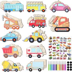 36Pcs Unfinished Wooden Craft,Mini Construction Vehicles Wood Cutouts Arts and Crafts DIY Transportation Painting Car for Kids Boys Girls Car Themed Birthday Party Favor Supplies Home Activities