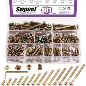 Swpeet 181Pcs M6 x 15mm - 80mm Color Zinc Flat Head Hex Socket Cap Baby Crib Bed Bolts Nuts Screws and Threaded Insert Nuts with Flange Nuts and 4 Pronged Tee T Nuts Assortment Kit with Allen Wrench