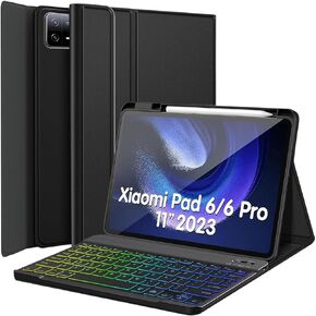 Case with Keyboard for Xiaomi Pad 6 / Pad 6 Pro 11 Inch 2023 Tablet, 7 Color Rainbow Backlight Detachable Bluetooth Keyboard, Slim PU Stand Cover with Pen Holder (Xiaomi Pad 6)