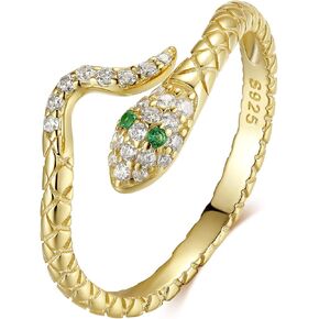 Presentski Snake Stackable Rings 925 Sterling Silver Adjustable Open Rings Gold Plated Vintage Retro Cubic Zirconia Dainty Ring for Women Girls