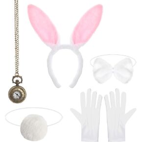 White Easter Rabbit Bunny Costume Dress Up Accessory Kit Animal Ears Headband Bowtie Tail Clock Necklace Nose Set