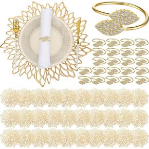 100 Pcs Dinner Placemats and Napkin Rings Bulk with Leaves Napkin Rings and Metallic Round Place Mats Sequin Placemats for Wedding Kitchen Leaf Dining Table Decoration (Gold)