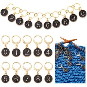 NBEADS 1 قطعة 0-9 أرقام سلاسل عداد صف الحياكة و10 قطع من علامات الغرز، علامة غرزة من سبيكة المينا لحياكة النسيج والخياطة وصنع المجوهرات وتتبع الكروشيه، أسود