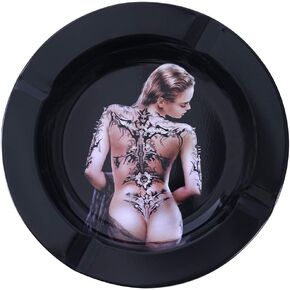 Metal Rounded Ashtray 5.1" (Black-Green leaf)