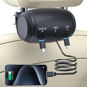 for Multi Retractable Car Charging Station Box, 3 in 1 Headrest Fast Power Charging Dock Cord USB Type C Fits iPhone15 14/iPad/Android/Samsung|Uber Lyft Backseat Passengers Share Rid