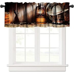 Western Curtain Valance, Western Wooden Barn Rustic Vintage Rodeo Theme Straw Cowboy Hat with Leather Boots for Living Room Bedroom Kitchen 1 Panels 54X18in