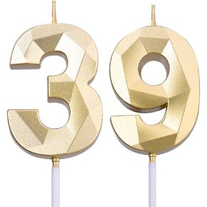 2 inch Gold 39 Birthday Candles, 3D Diamond Number 39th Cake Topper for Boys Girls Birthday Party Decorations Theme Party