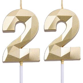 2 inch Gold 22 Birthday Candles, 3D Diamond Number 22nd Cake Topper for Boys Girls Birthday Party Decorations Theme Party