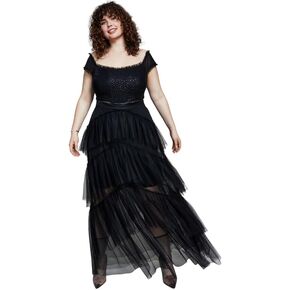 Women's Trendy Plus Size Tiered-Tulle Glitter-Knit Gown (Black, 16W) in Saudi Arabia