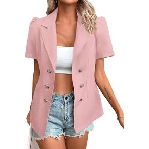 2024 Summer Womens Short Puff Sleeve Fully Lined Blazer Double Breasted Lightweight Casual Office Jackets