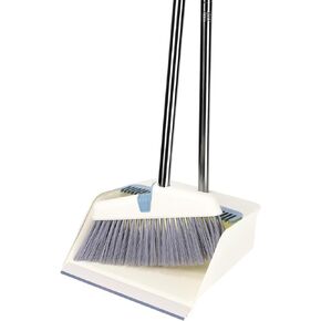 Broom with Dustpan Combo Set Stand Up Broom and Dustpan with Dustpan Teeth Lightweight with Long Handle 180° Swivel Suitable for for Cleaning Floors Indoors Kitchen Office (Blue)