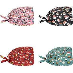 Yuuxorilu Scrub Cap Set 4 Pack,Women Men Working Cap with Adjustable Tie Sweatband