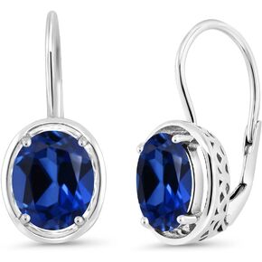 Gem Stone King 925 Sterling Silver Blue Created Sapphire Dangle Earrings For Women (4.60 Cttw, Oval 9X7MM)