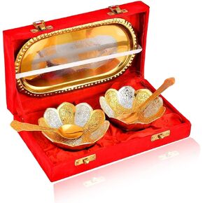 NOBILITY Bowl Spoon Tray Set Small Gold Silver Plated Dry Fruits Dessert Serving Diwali Eid Christmas Wedding Return Gifts Friends Family Housewarming Home Decoration Corporate Gift items 6 Sets