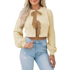 Saodimallsu Womens Cropped Cable Knit Cardigan Sweaters Long Sleeve Bow Tie Front Crew Neck Chunky Sweater Tops